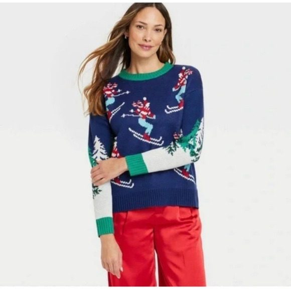 33 Degrees Ski Graphic Sweater Medium Pom Poms Ugly Christmas Sweater Winter - Picture 1 of 15